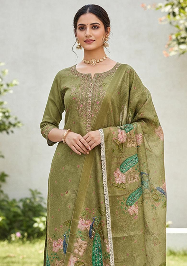 Green Printed Silk Kurta Set - Indya