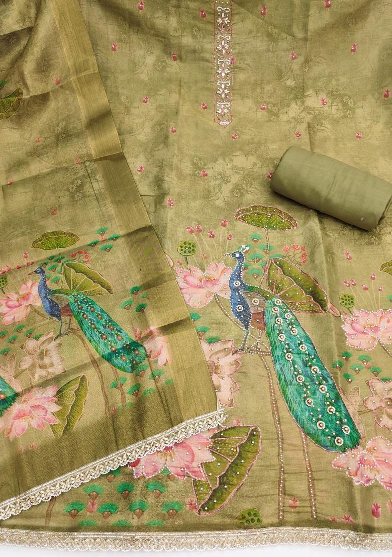 Green Printed Silk Kurta Set - Indya