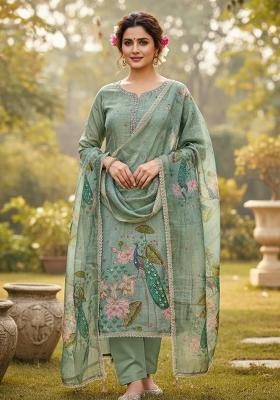 Grey Printed Silk Kurta Set