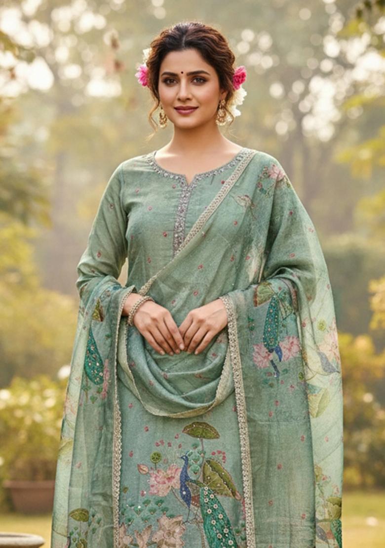 Grey Printed Silk Kurta Set - Indya
