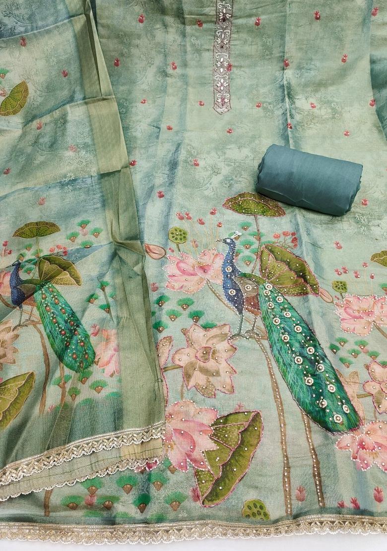 Grey Printed Silk Kurta Set - Indya