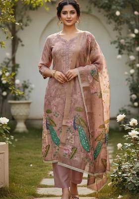 Purple Printed Silk Kurta Set