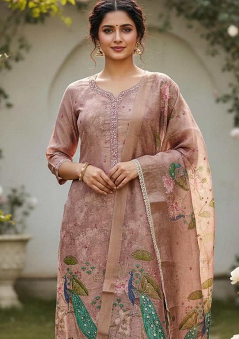 Purple Printed Silk Kurta Set - Indya
