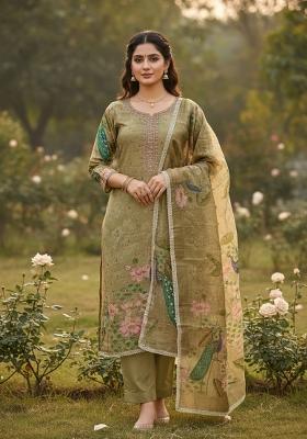 Beige Printed Silk Kurta Set