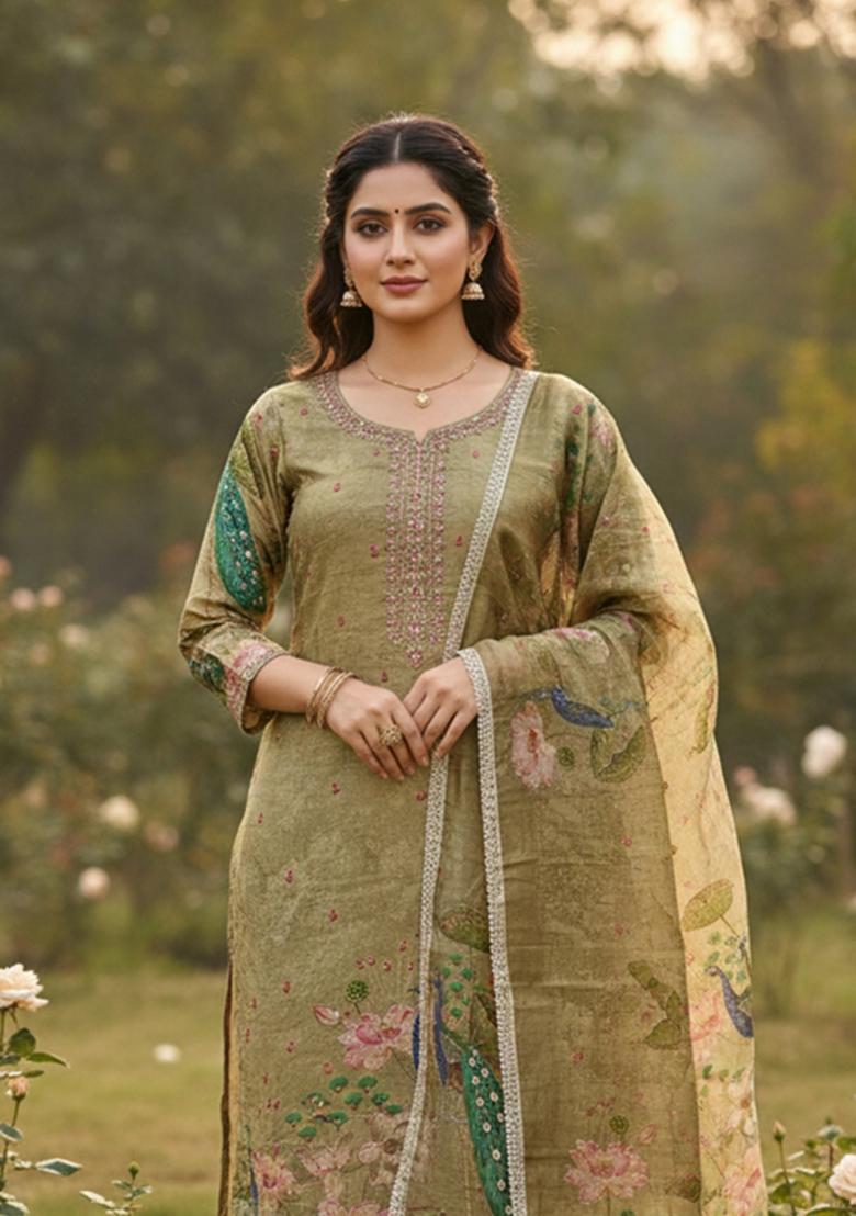 Beige Printed Silk Kurta Set - Indya