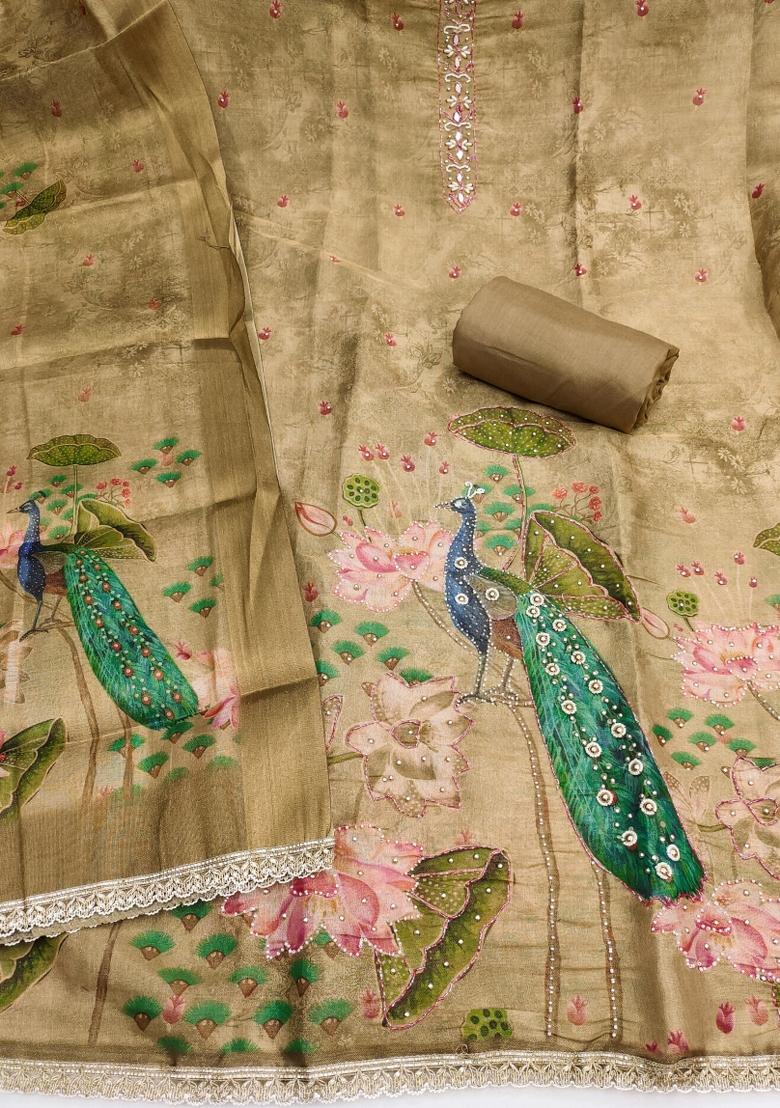 Beige Printed Silk Kurta Set - Indya