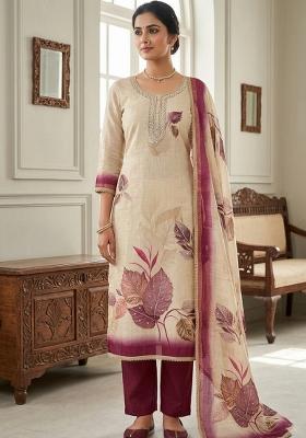 Beige Printed Cotton Kurta Set