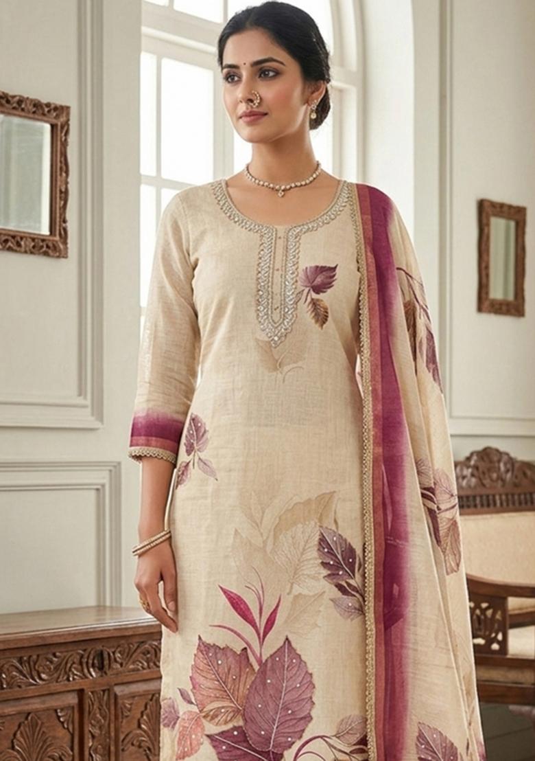 Beige Printed Cotton Kurta Set - Indya