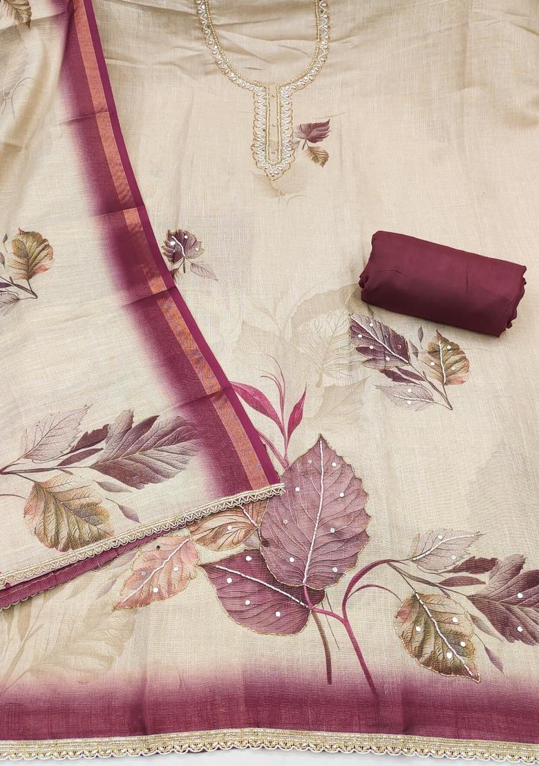 Beige Printed Cotton Kurta Set - Indya