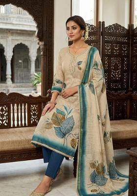 Beige Printed Cotton Kurta Set