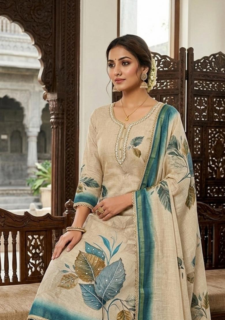 Beige Printed Cotton Kurta Set - Indya