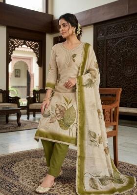 Beige Printed Cotton Kurta Set