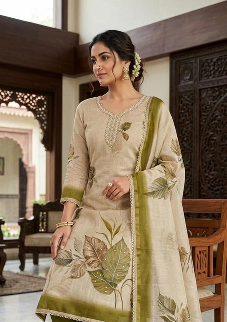 Beige Printed Cotton Kurta Set - Indya