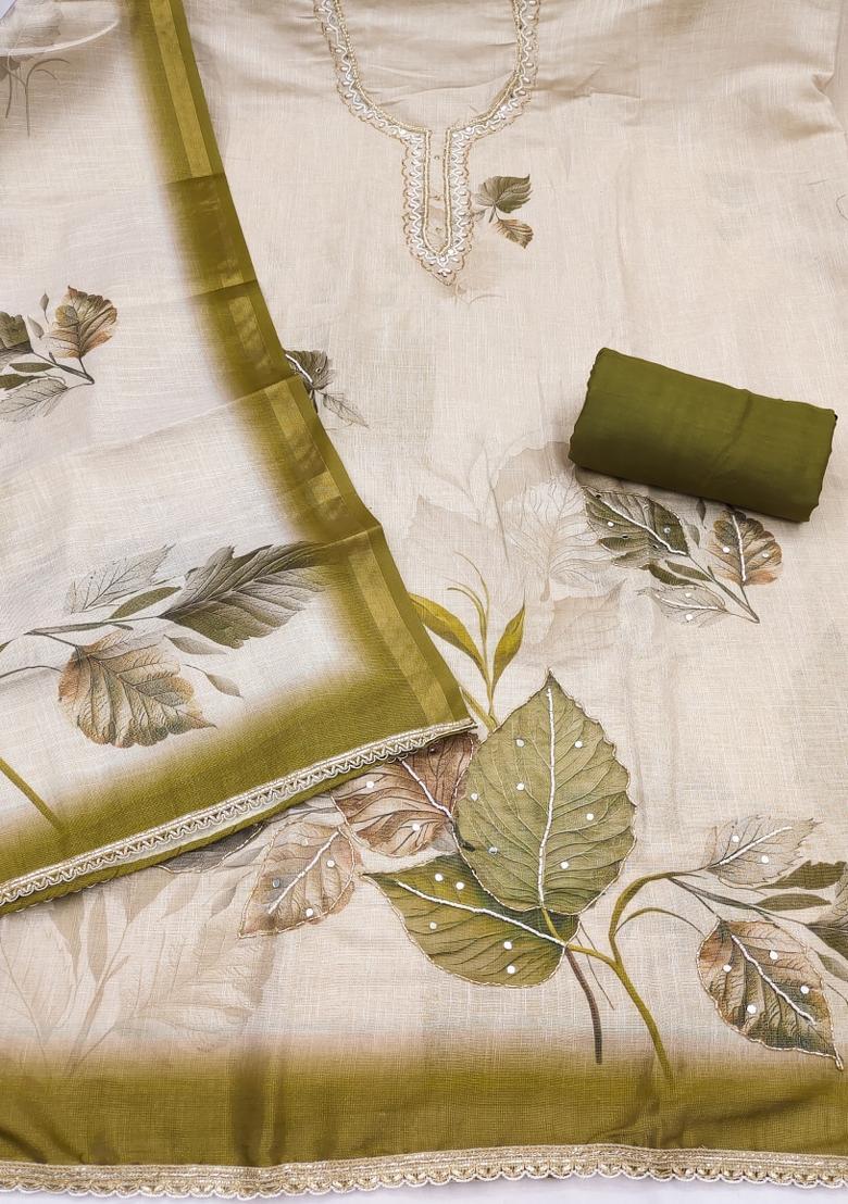 Beige Printed Cotton Kurta Set - Indya
