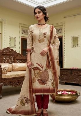 Beige Printed Cotton Kurta Set