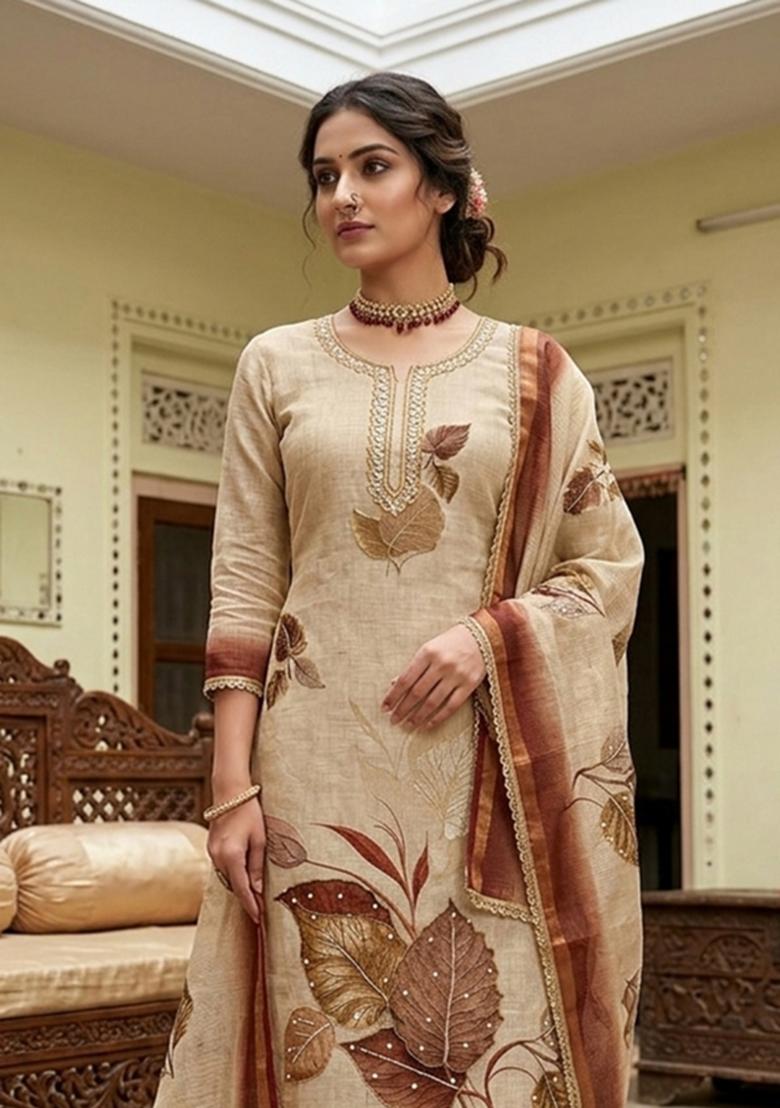 Beige Printed Cotton Kurta Set - Indya