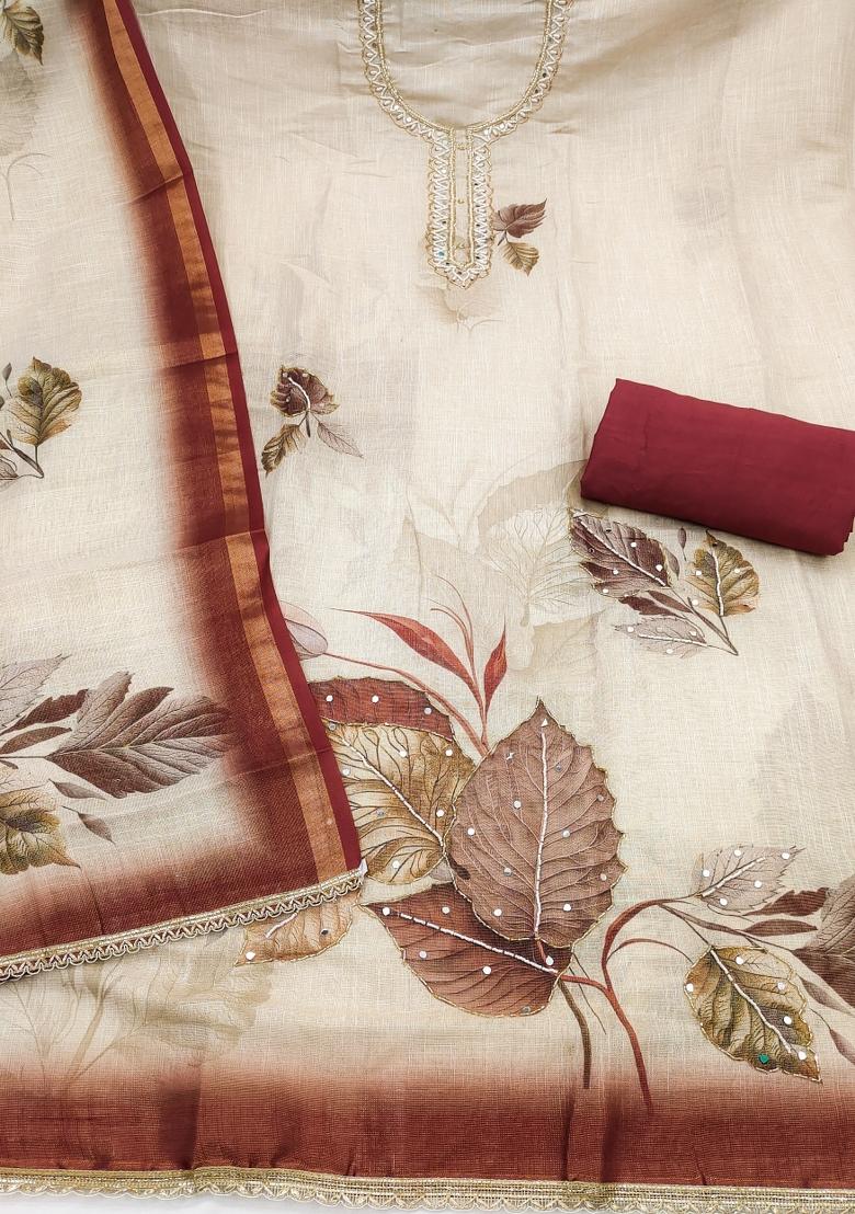 Beige Printed Cotton Kurta Set - Indya