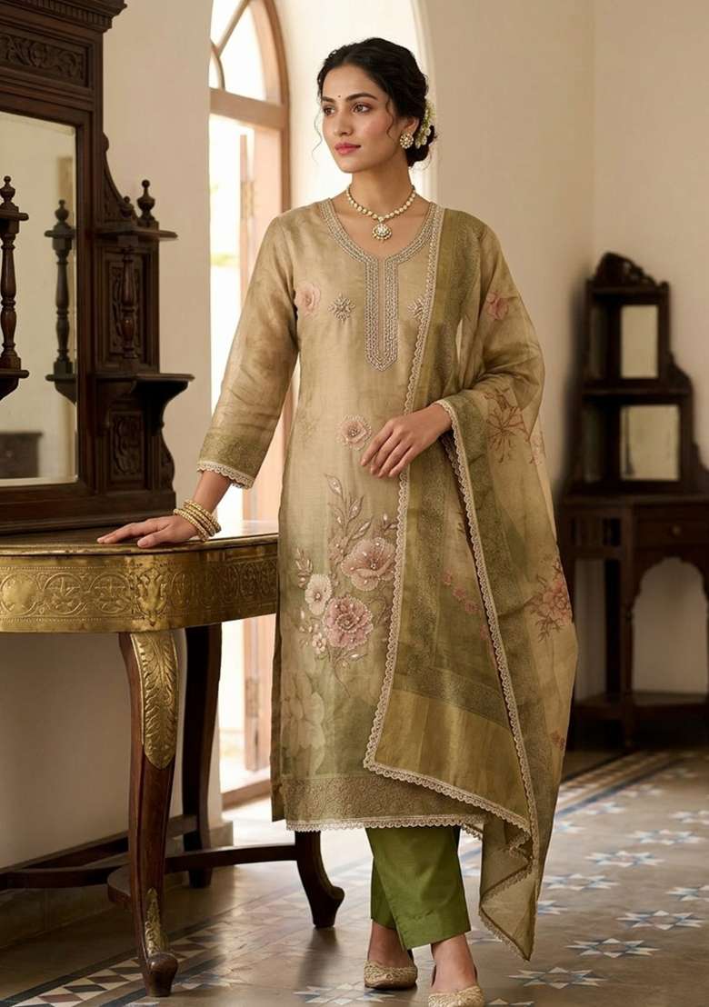 Multicolor Printed Silk Kurta Set - Indya