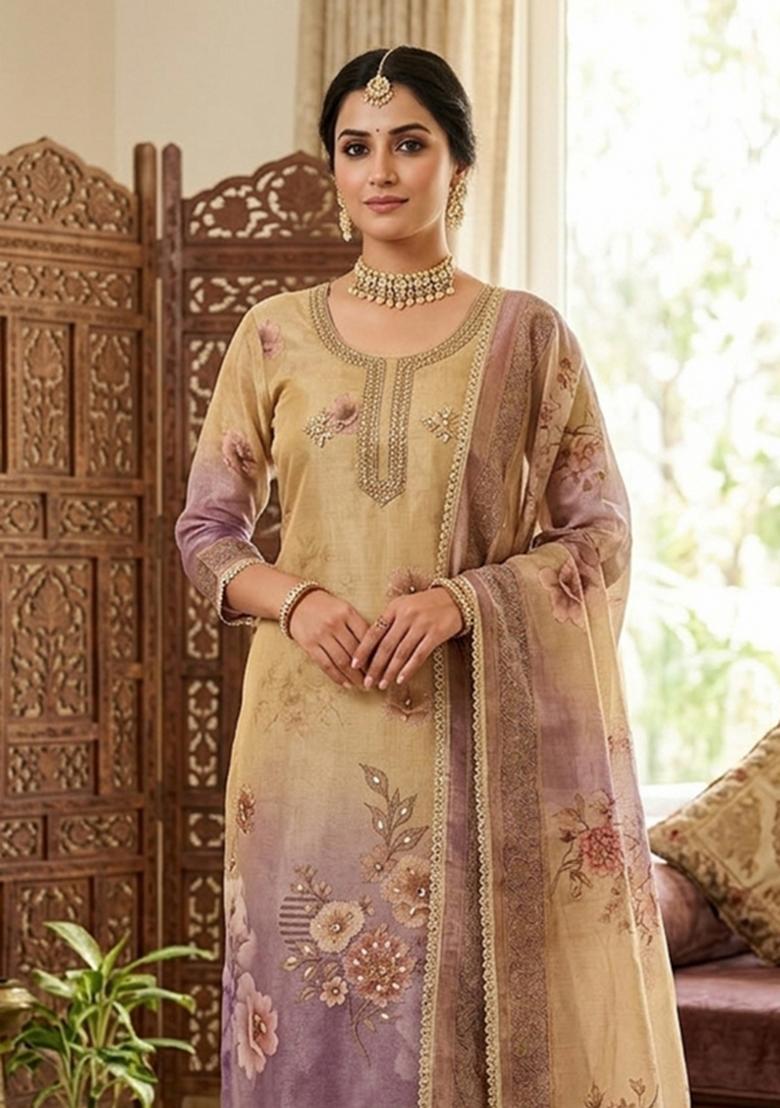 Multicolor Printed Silk Kurta Set - Indya