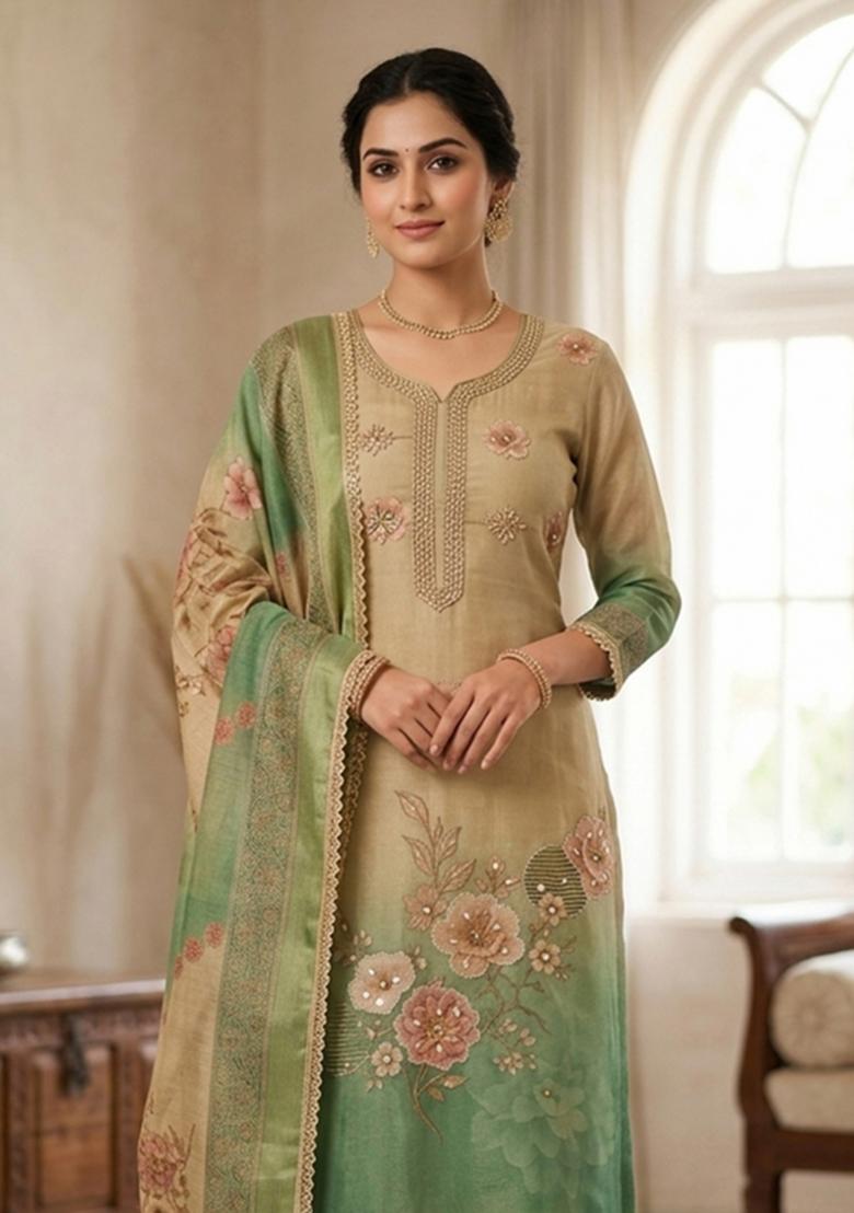 Multicolor Printed Silk Kurta Set - Indya