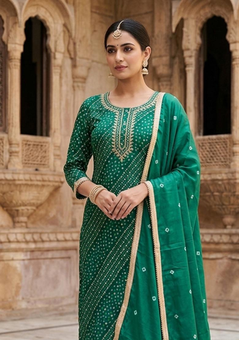 Sea Green Printed Cotton Kurta Set - Indya