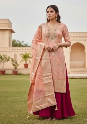 Peach Weaving Work Silk Kurta Set