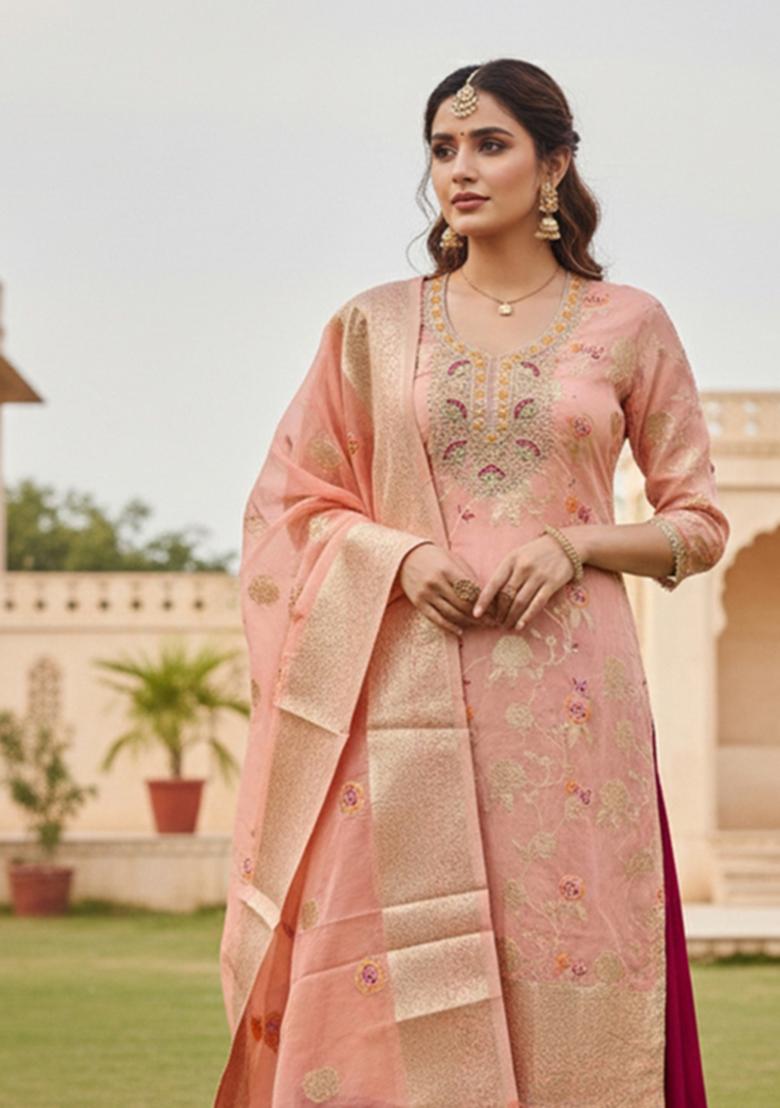 Peach Weaving Work Silk Kurta Set - Indya
