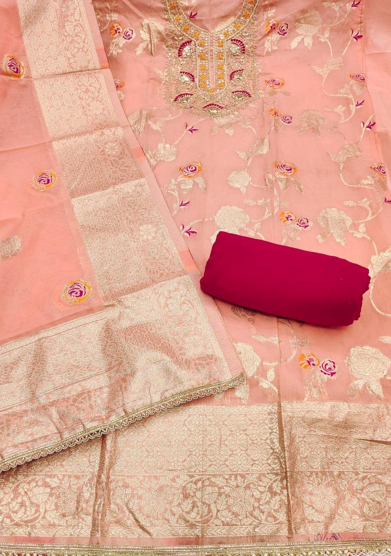 Peach Weaving Work Silk Kurta Set - Indya
