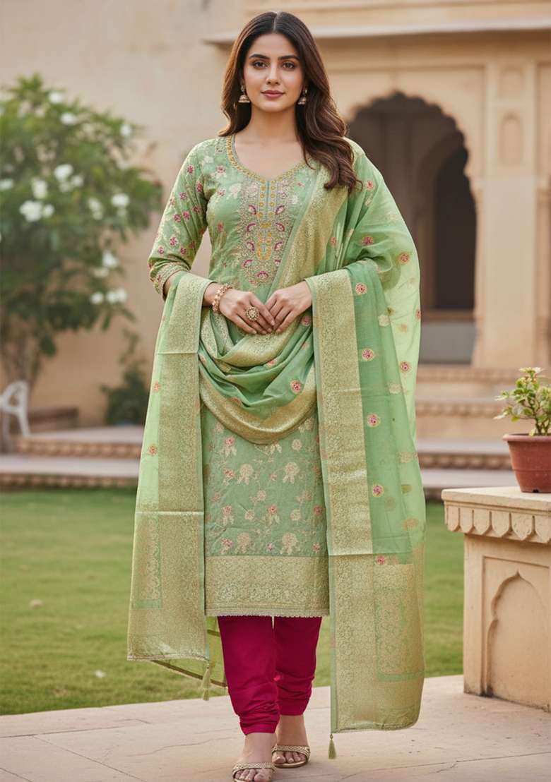 Light Green Weaving Work Silk Kurta Set - Indya