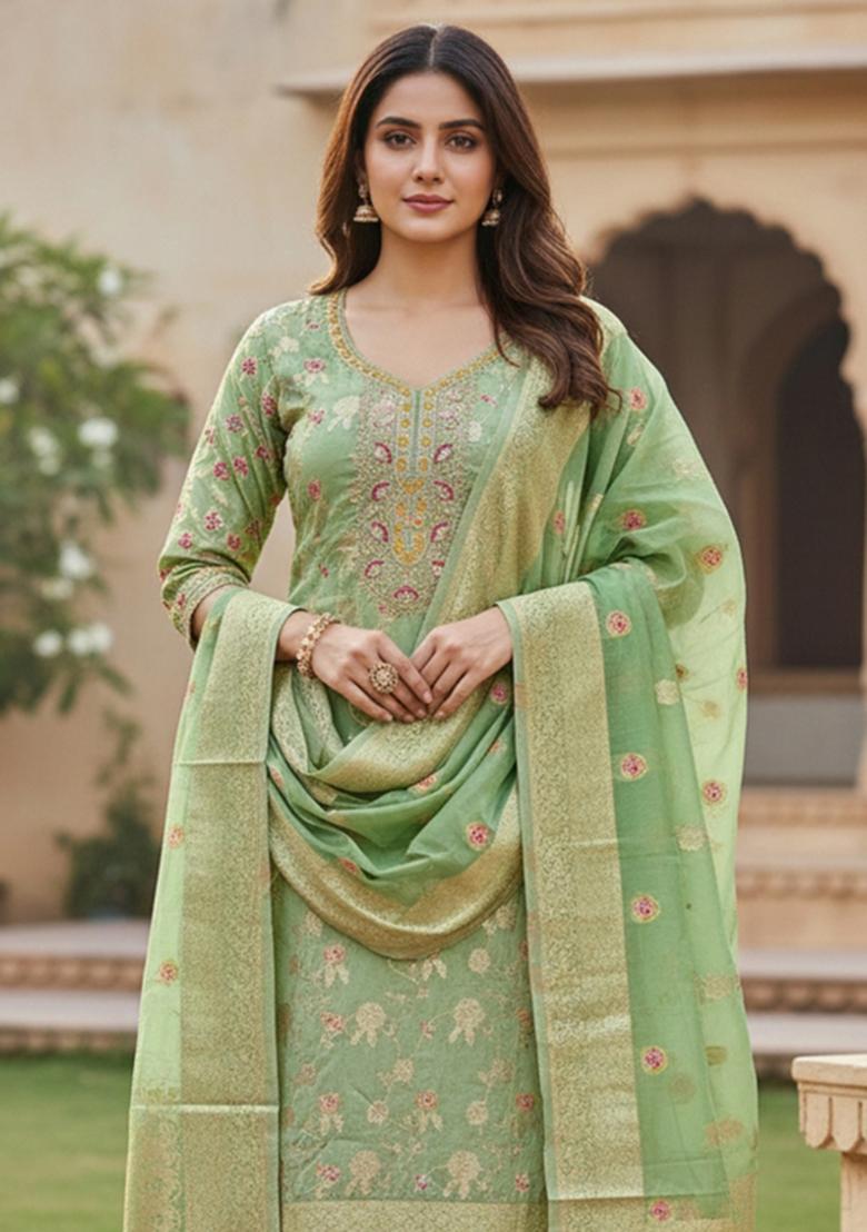 Light Green Weaving Work Silk Kurta Set - Indya