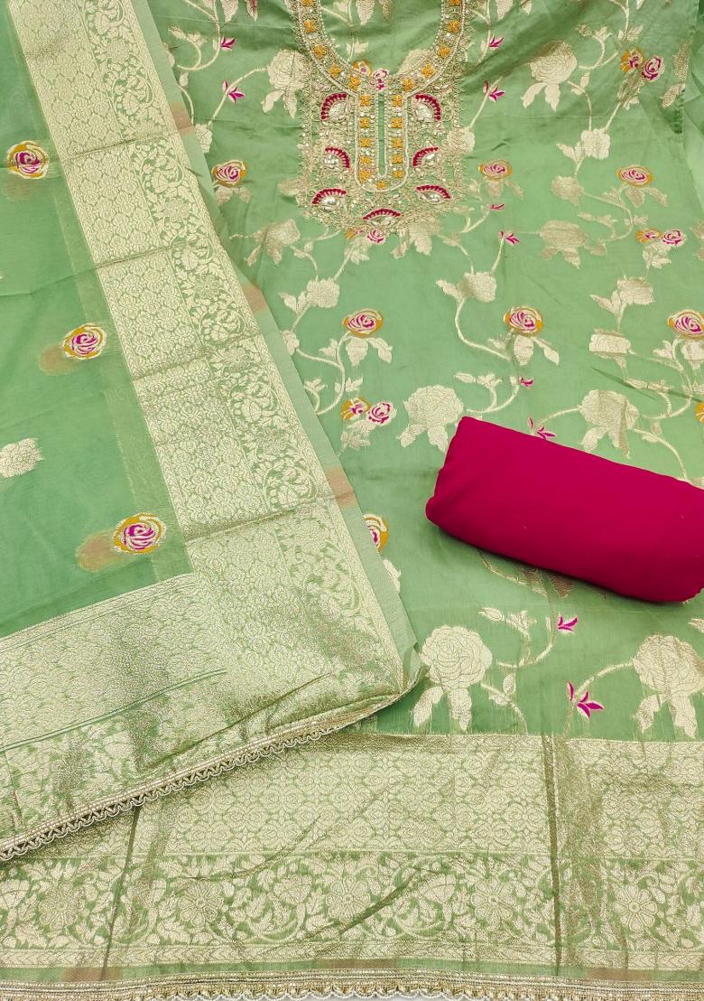 Light Green Weaving Work Silk Kurta Set - Indya