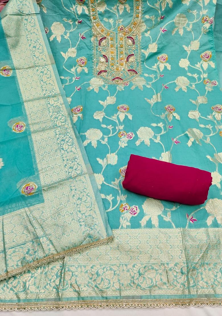 Sky Blue Weaving Work Silk Kurta Set - Indya