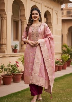 Baby Pink Weaving Work Silk Kurta Set