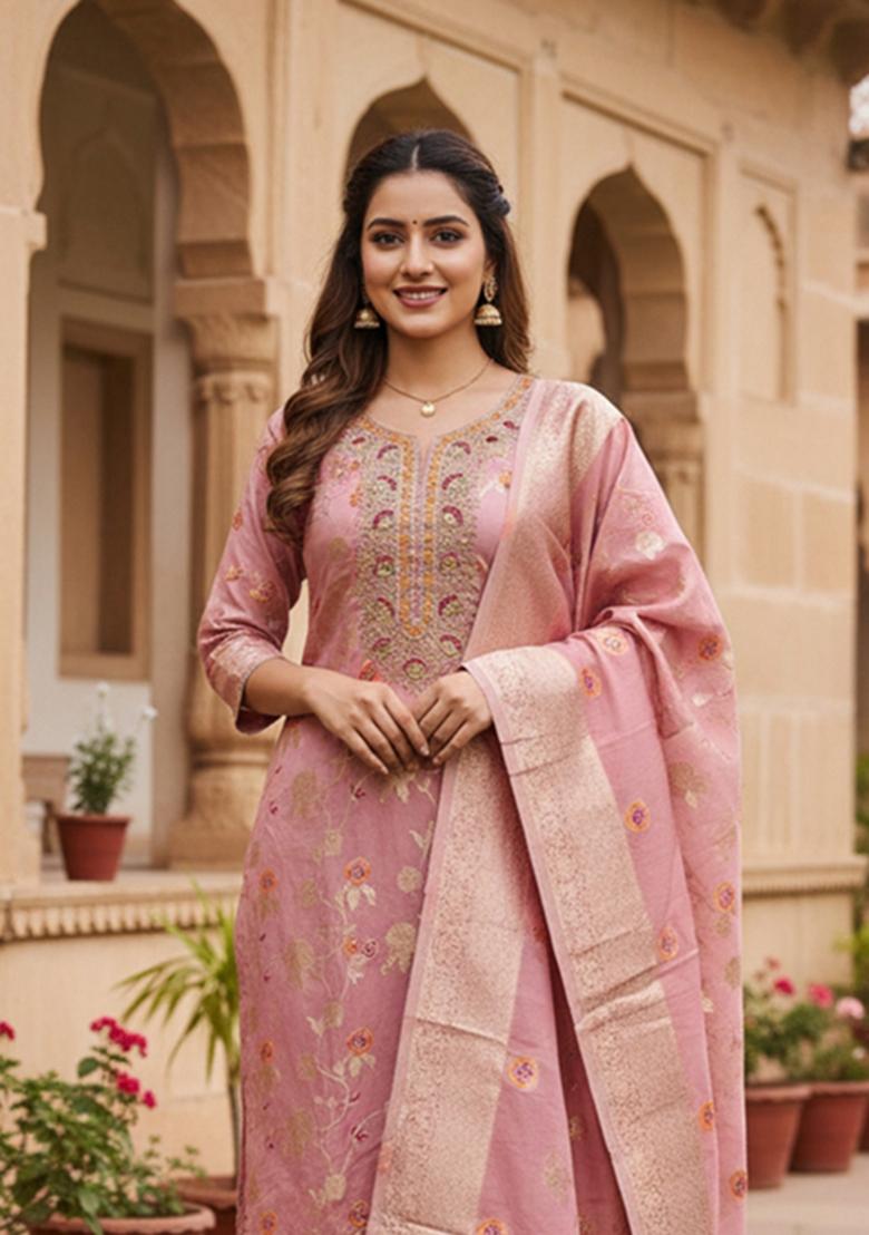 Baby Pink Weaving Work Silk Kurta Set - Indya