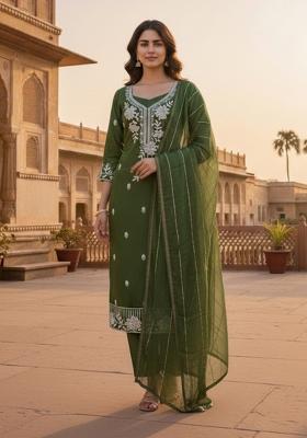 Green Embroidered Silk Kurta Set