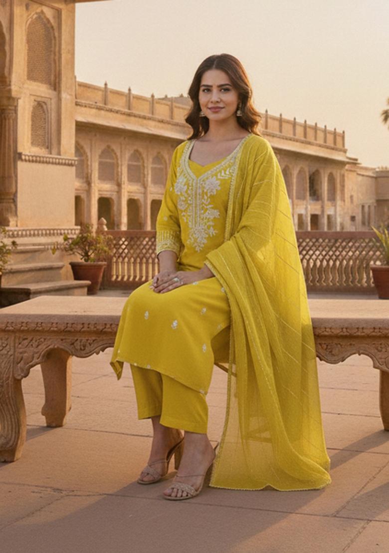 Light Green Embroidered Silk Kurta Set - Indya