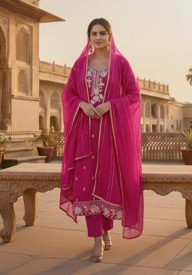 Magenta Embroidered Silk Kurta Set