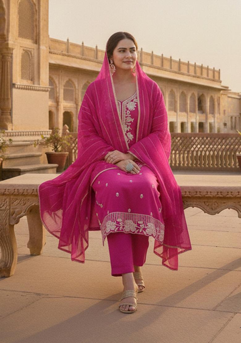 Magenta Embroidered Silk Kurta Set - Indya