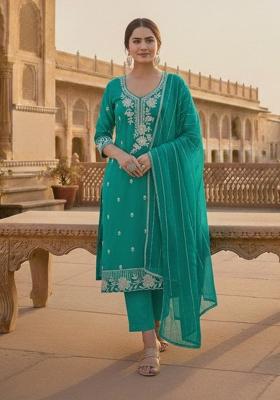 Sea Green Embroidered Silk Kurta Set