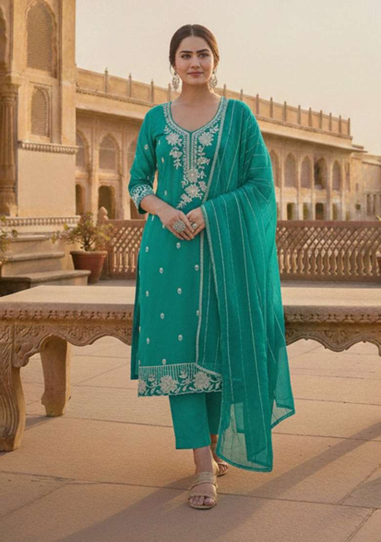 Sea Green Embroidered Silk Kurta Set - Indya