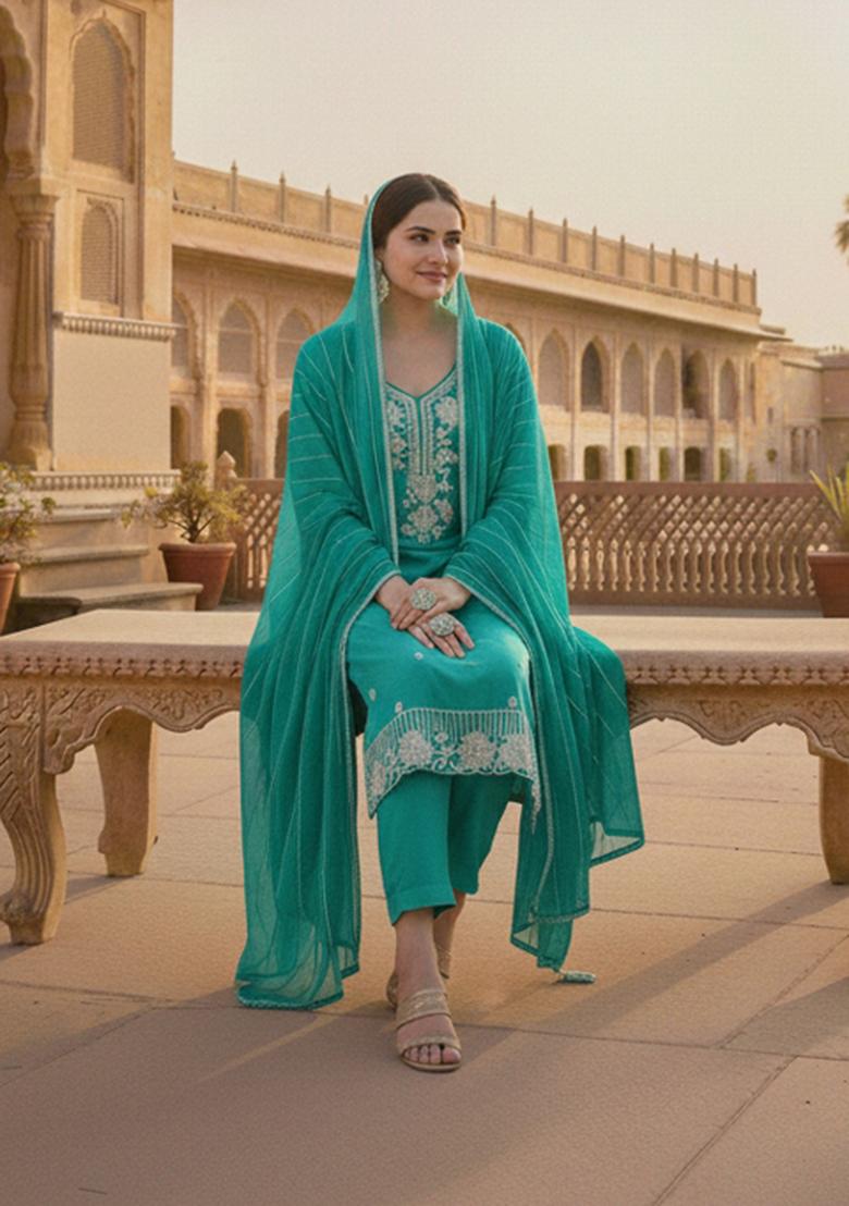 Sea Green Embroidered Silk Kurta Set - Indya