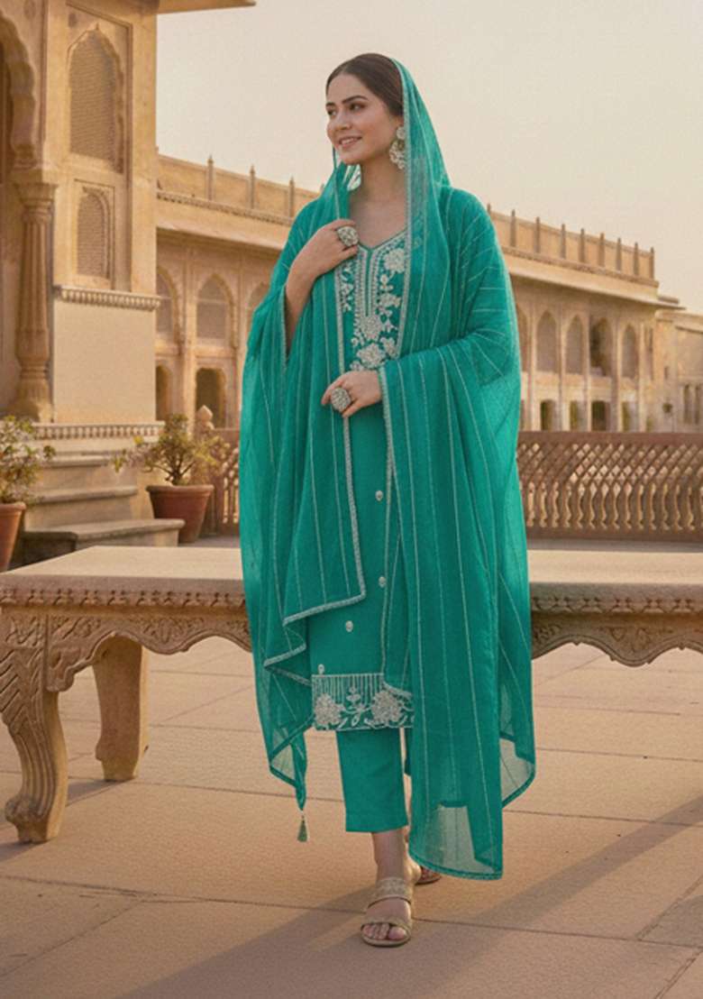 Sea Green Embroidered Silk Kurta Set - Indya