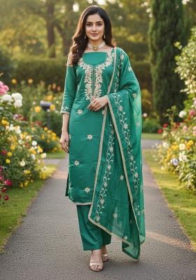 Sea Green Embroidered Silk Kurta Set