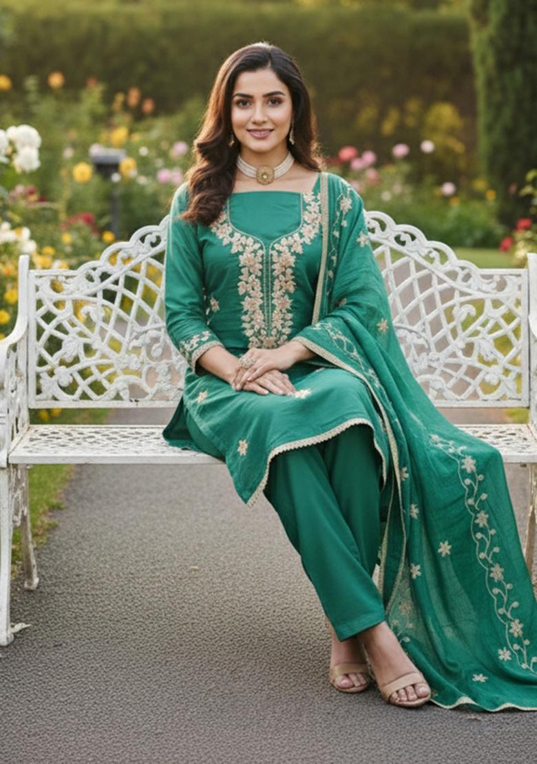 Sea Green Embroidered Silk Kurta Set - Indya