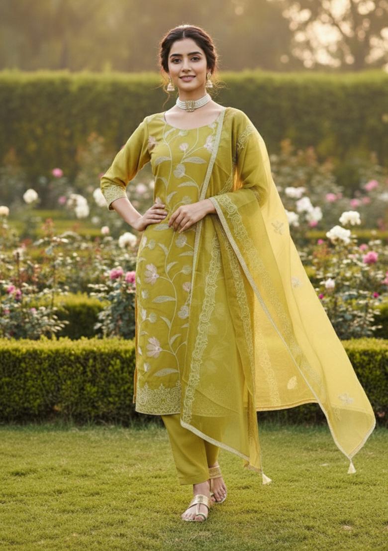 Light Green Embroidered Cotton Kurta Set - Indya