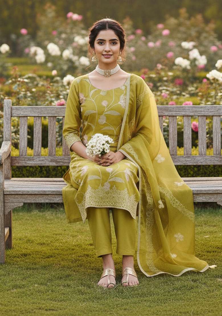 Light Green Embroidered Cotton Kurta Set - Indya