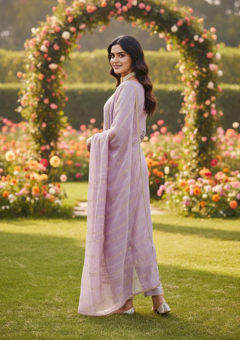 Lavender Weaving Work Chanderi Kurta Set - Indya