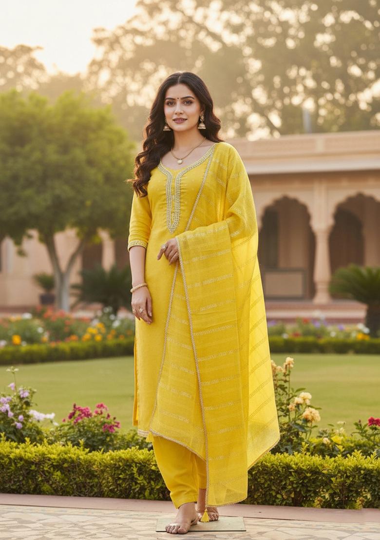 Light Green Weaving Work Chanderi Kurta Set - Indya