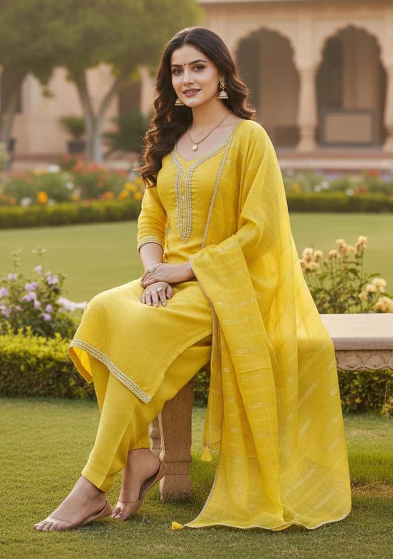 Light Green Weaving Work Chanderi Kurta Set - Indya