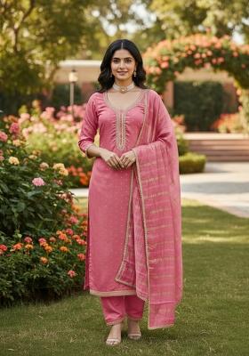 Pink Weaving Work Chanderi Kurta Set